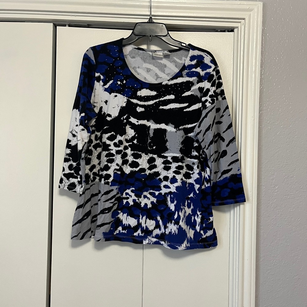 Zenergy by‎ Chicos Womens Size 2 Abstract Print 3/4 Sleeve Top Blue Black White